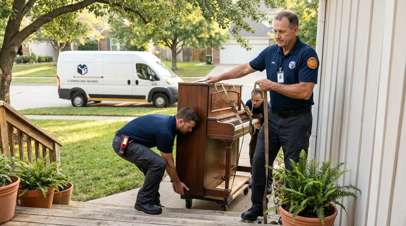 Licensed piano movers securing grand piano in Montgomery, AL