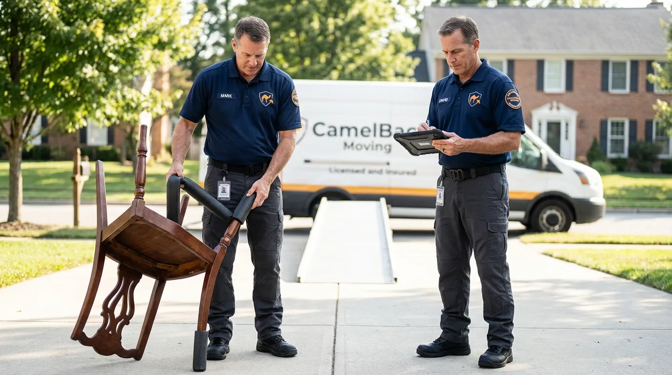 Movers inspecting furniture for damage prevention before loading in Montgomery, AL